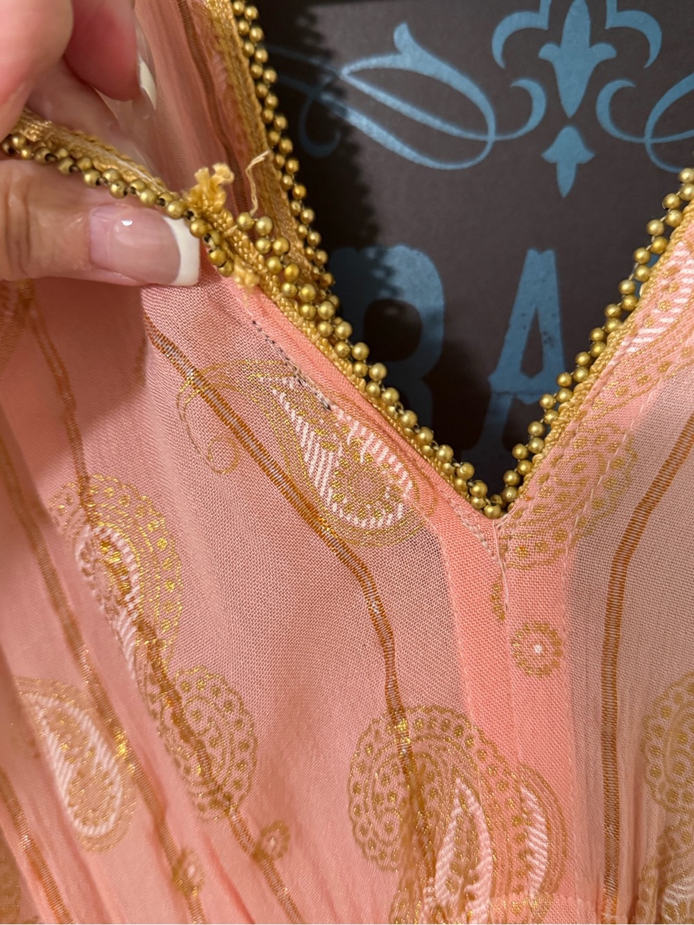 Two-Tone Pink and Cream Maxi Cover Up with Gold Paisley Accents - Picture 5 of 5